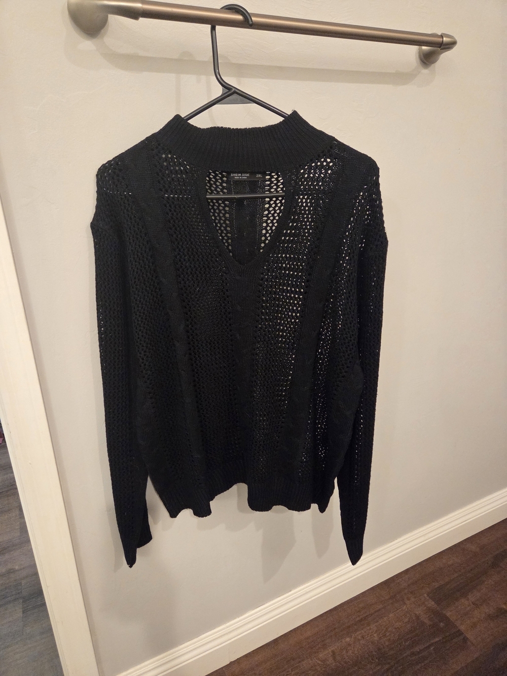Black Open-Knit V-Neck Sweater